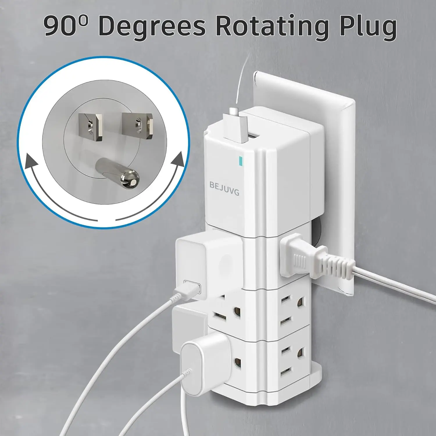 BEJUVG Power Strip Tower - 9-Outlet Extender, 2 USB Ports, 540J Surge Protector, 90-Degree Rotating Plug, Fast Charging for Home & Office Use