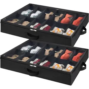 Lifewit Under Bed Shoe Storage Organizer Set of 2, 4.3 Inches Tall Low Profile Fabric Shoes Container Box with Clear Cover, Foldable Storage Bag with 2 Handles, Total Fits 24 Pairs of Shoes, Black