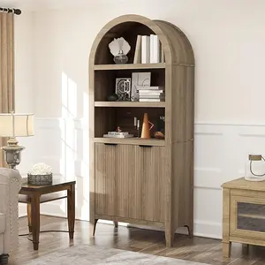 Tall Arched Bookcase, Oak Large Bookshelf, 5 Tier Shelves with Fluted Doors Organizer, Book Case for Living Room Hallway Kitchen Home Office, Oak Arched 5 Tiers