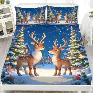 Fitted Sheet 3-Piece Set 2D Flat Christmas Reindeer and Snow Scene Pattern Mattress Cover(1 fitted sheet + 2 pillowcases, no insert), comfortable sheets, skin-friendly and breathable bedding, suitable for family bedrooms and guest rooms, all year round.