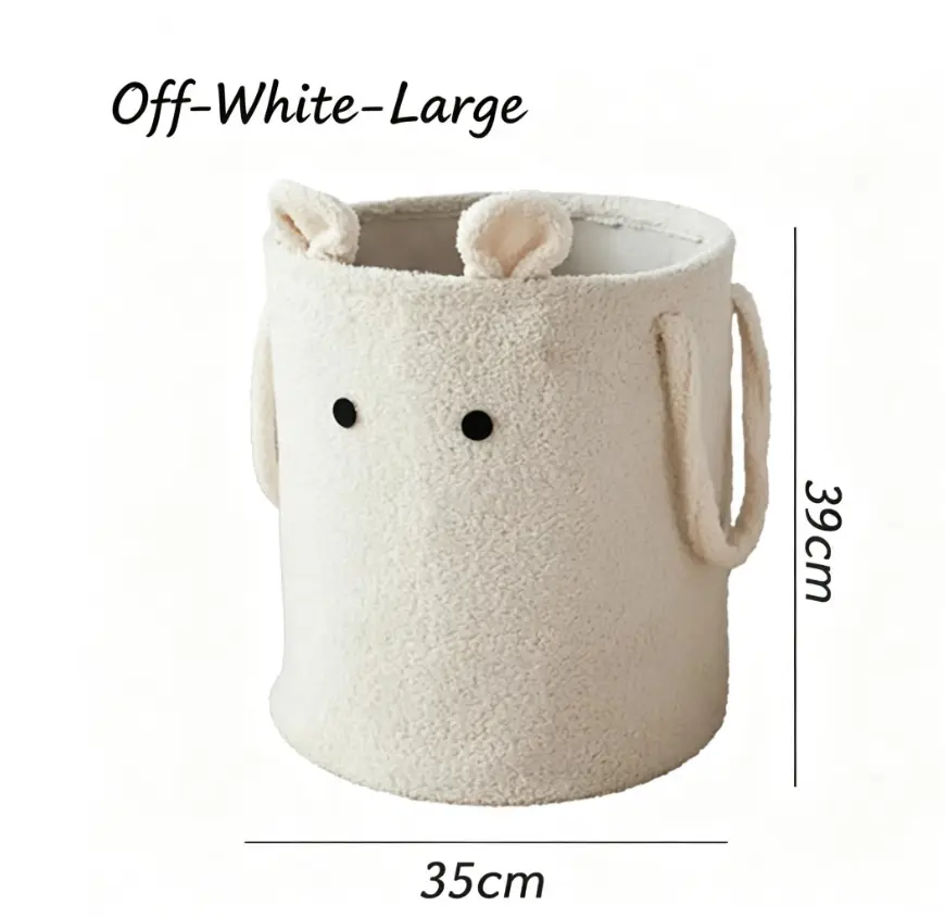 Cute Bear Shape Plush Storage Basket, Off‑White Cartoon Animal Laundry Hamper with Reinforced Handles, Collapsible Fabric Storage Bin for Kids Toys, Clothes, Blankets, Home Bedroom Organizer
