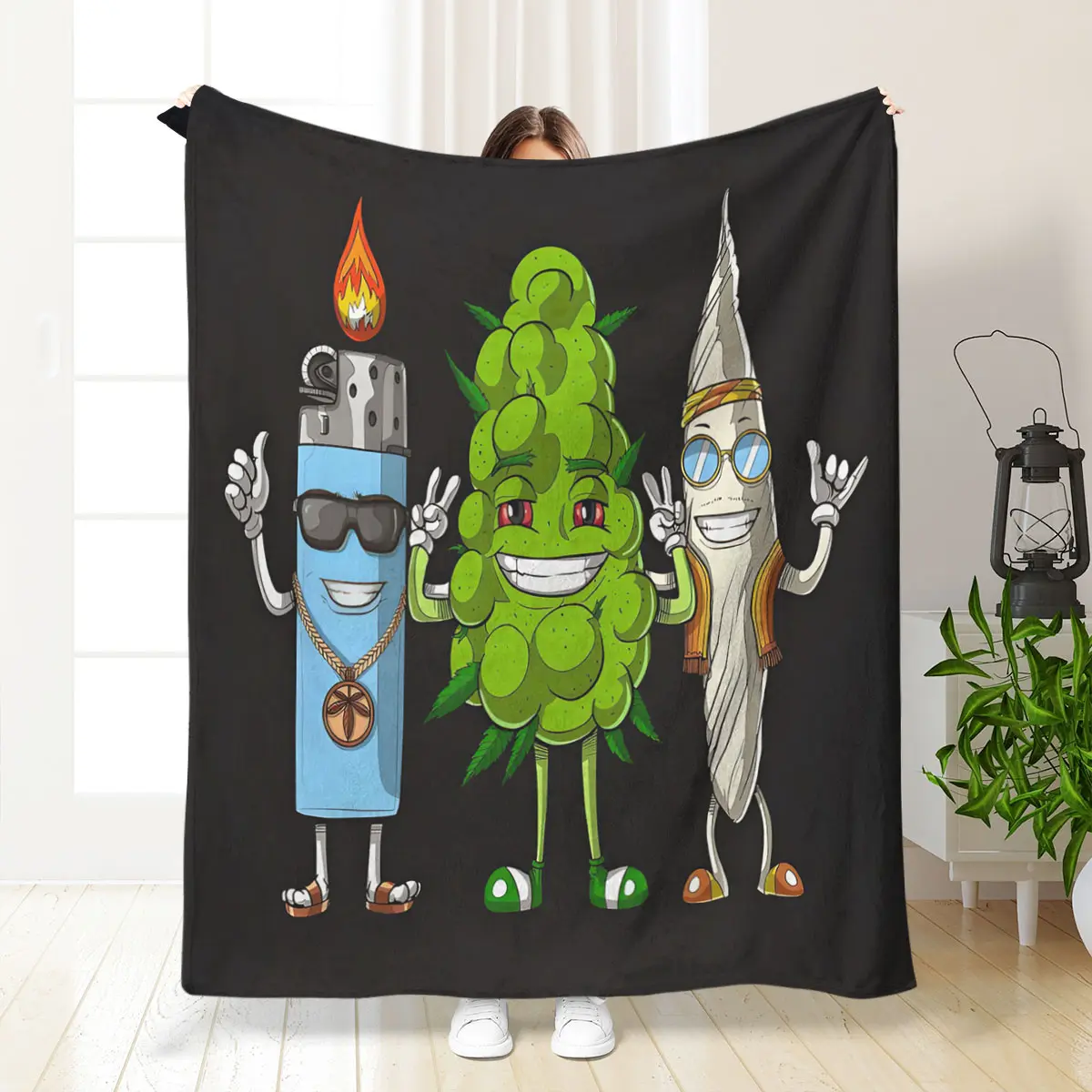 Fun Herb Theme Flannel Blanket with Budslighter Design, Polyester Throw, Unisex Camping Gift, Durable All-Season Sofa Pad