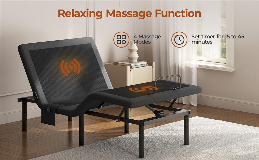 【Massage & Remote】 Yaheetech Adjustable Upholstered Bed Frame, Bed Base W/ Independent Head & Foot Incline, Under-Bed LED Lights, USB Ports, 4 Bed Height Settings, Storage Bag, Easy Assembly