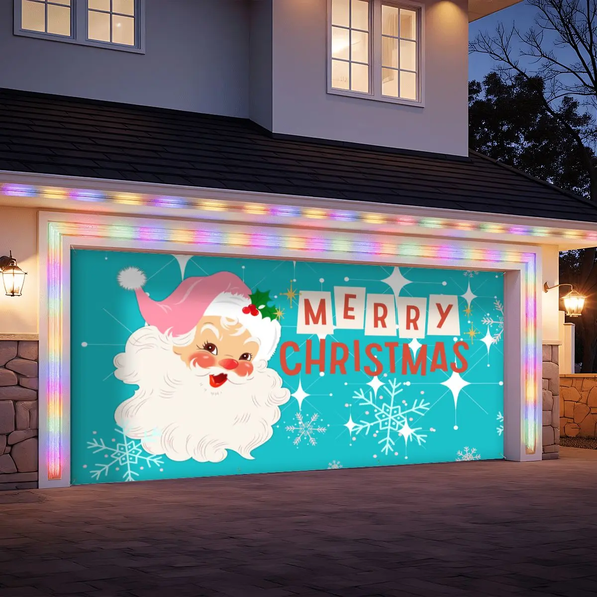 Vintage Santa Mid Century Christmas Aqua Blue Retro Garage Door Banner Backdrop