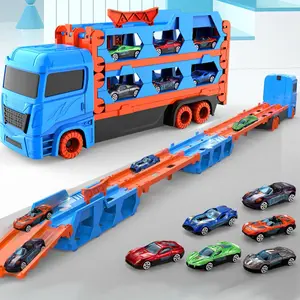 Truck with Ejection Race Track Deform Folding Storage Transporter 6 Vehicles Catapulting Shooting Metal Car Toy Christmas Gift for Kids Boys