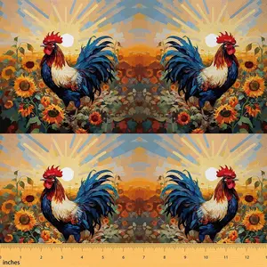 Feelyou Chicken Upholstery Waterproof Fabric - 1 yd, Sunrise Sunflower Animal Pattern, Rustic Farmhouse Floral Material for Sewing & Soft Furnishings
