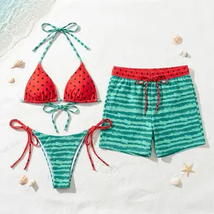 [HOT SUMMER 2026] Watermelon Matching Couple Swimwear Set – Red Triangle Bikini & Men’s Swim Trunks, Tropical Beach Vacation Outfit
