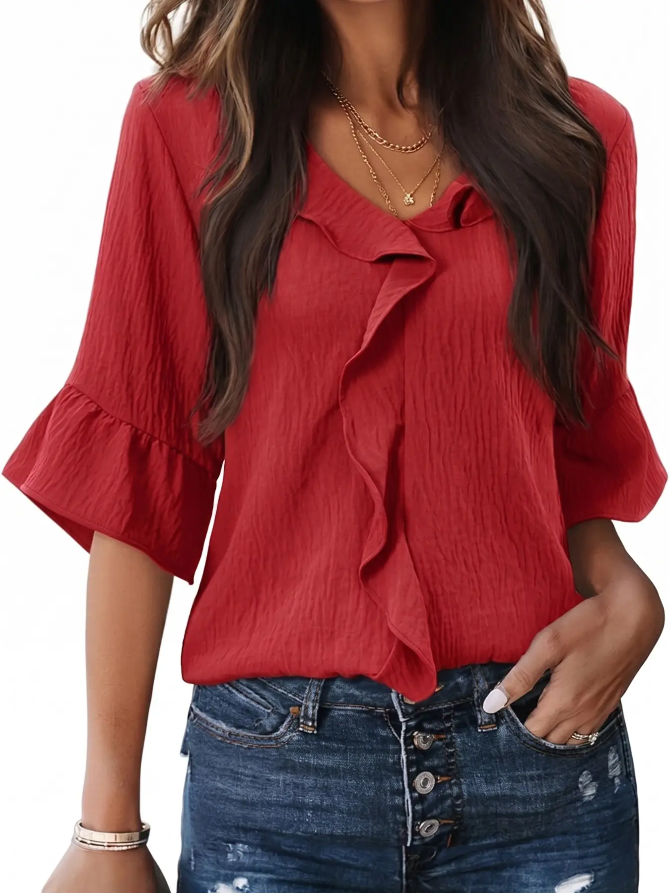 Women's Spring Summer New Elegant V Neck Ruffle Shirt, French Style Office Commute Slim Fit Short Sleeve Top, Chic and Stylish Blouse