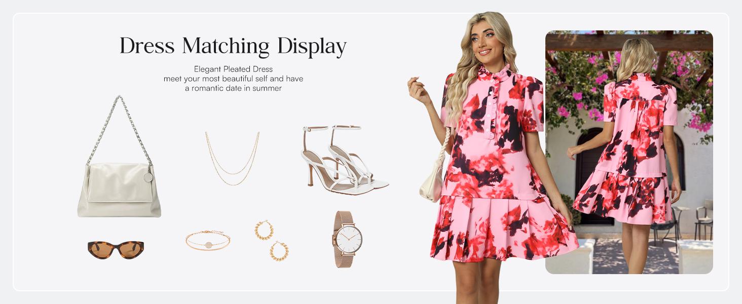 Women Floral Mini Dress Short Sleeve Stand Collar Button Up Elegant Work Swing Short Pleated Dress Women Floral Mini Dress Short Sleeve Stand Collar Button Up Elegant Work Swing Short Pleated Dress