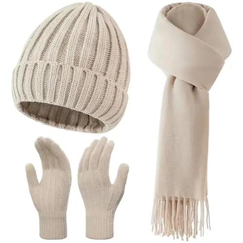 Beige: Hat+scarf (Size: 78"x27" )+Gloves
