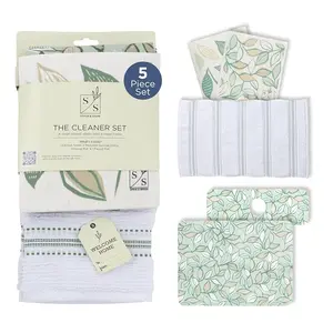 Stitch & Stone Kitchen Cleaning Set - Cotton Towel, Sink Grip Mat, Dishcloths - Leafy Green