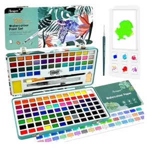 Watercolour Paint Travel Sets with Palette - 128 Art Supplies Water Color Painting Professional Kit for Kids Adults Artists - Portable Metallic Watercolours Mini Box with Major Brushes Watercolor Pens