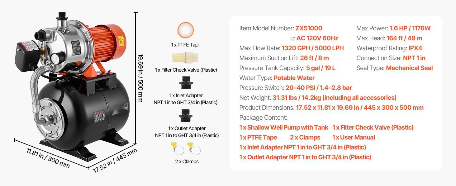 1.6 HP Shallow Well Pump With Pressure Tank, 120V 1320 GPH, Stainless Steel Irrigation Jet Pump With 5-Gal Pressure Tank, Automatic Water Booster System, For Home Garden Lawn, Potable Water 1.6 HP Shallow Well Pump With Pressure Tank, 120V 1320 GPH, Stainless Steel Irrigation Jet Pump With 5-Gal Pressure Tank, Automatic Water Booster System, For Home Garden Lawn, Potable Water