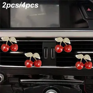 4pcs Alloy Diamond Cherry Car Vent Air Freshener Clips, Cute Car Interior Accessories, Car Air Conditioning Vent Decoration