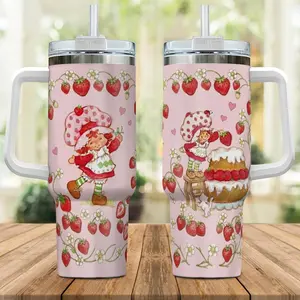 Cute Strawberry Shortcake Tumbler 20oz 40oz, Pink Strawberry Doll Design, Insulated Travel Mug, Aesthetic Gift for Girls