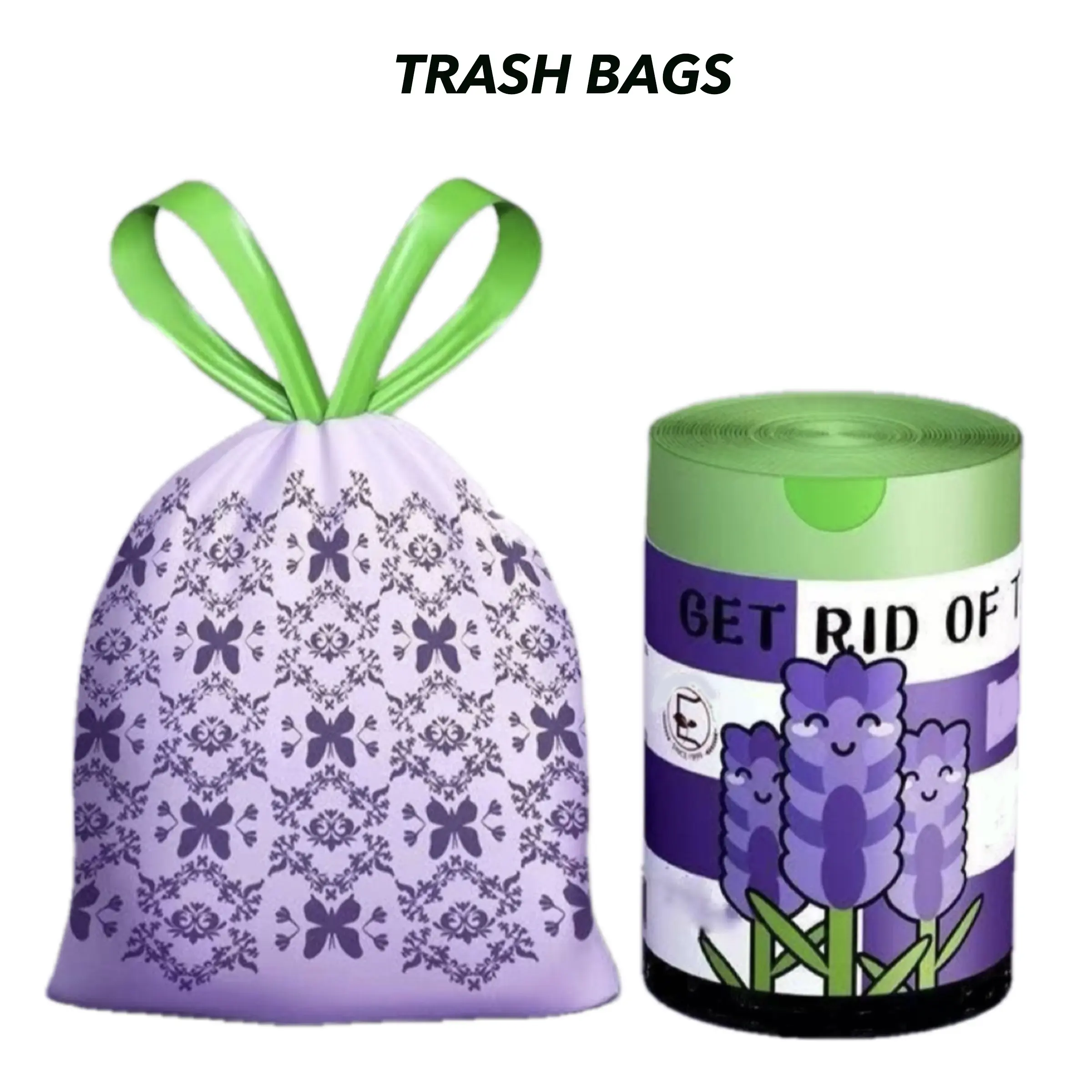 100Pcs Premium Lavender Scented Drawstring Plastic Trash Bags, Sturdy Trash Bags, Heavy Duty Leak-Proof Garbage Bags with Odor Control, Floral Waste Bin Liners for Kitchen, Bathroom & Bedroom, Trash Bags For Bathroom Trash Can, Home Cleaning Essentials