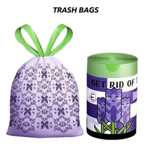 100Pcs Premium Lavender Scented Drawstring Plastic Trash Bags, Sturdy Trash Bags, Heavy Duty Leak-Proof Garbage Bags with Odor Control, Floral Waste Bin Liners for Kitchen, Bathroom & Bedroom, Home Cleaning Essentials