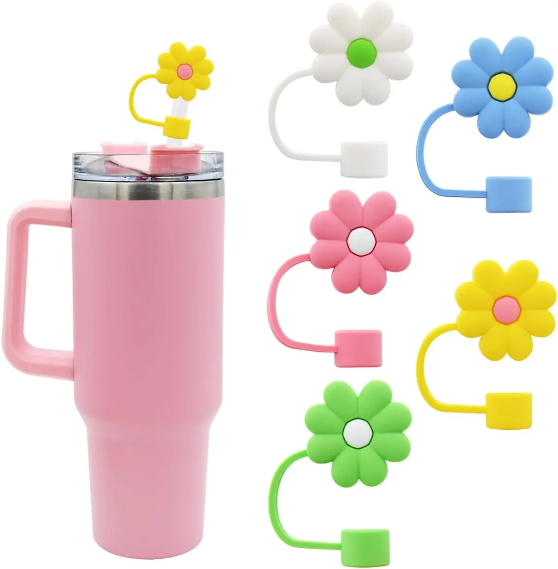 Silicone Flower Straw Cover Cap for Stanley Cup - Compatible with 30 & 40 Oz Tumbler with Handle - 10mm (0.4in) Straw Tip Covers - 5 Pcs Flower Straw Cover Caps Cute for Girls Bottle Drinkware