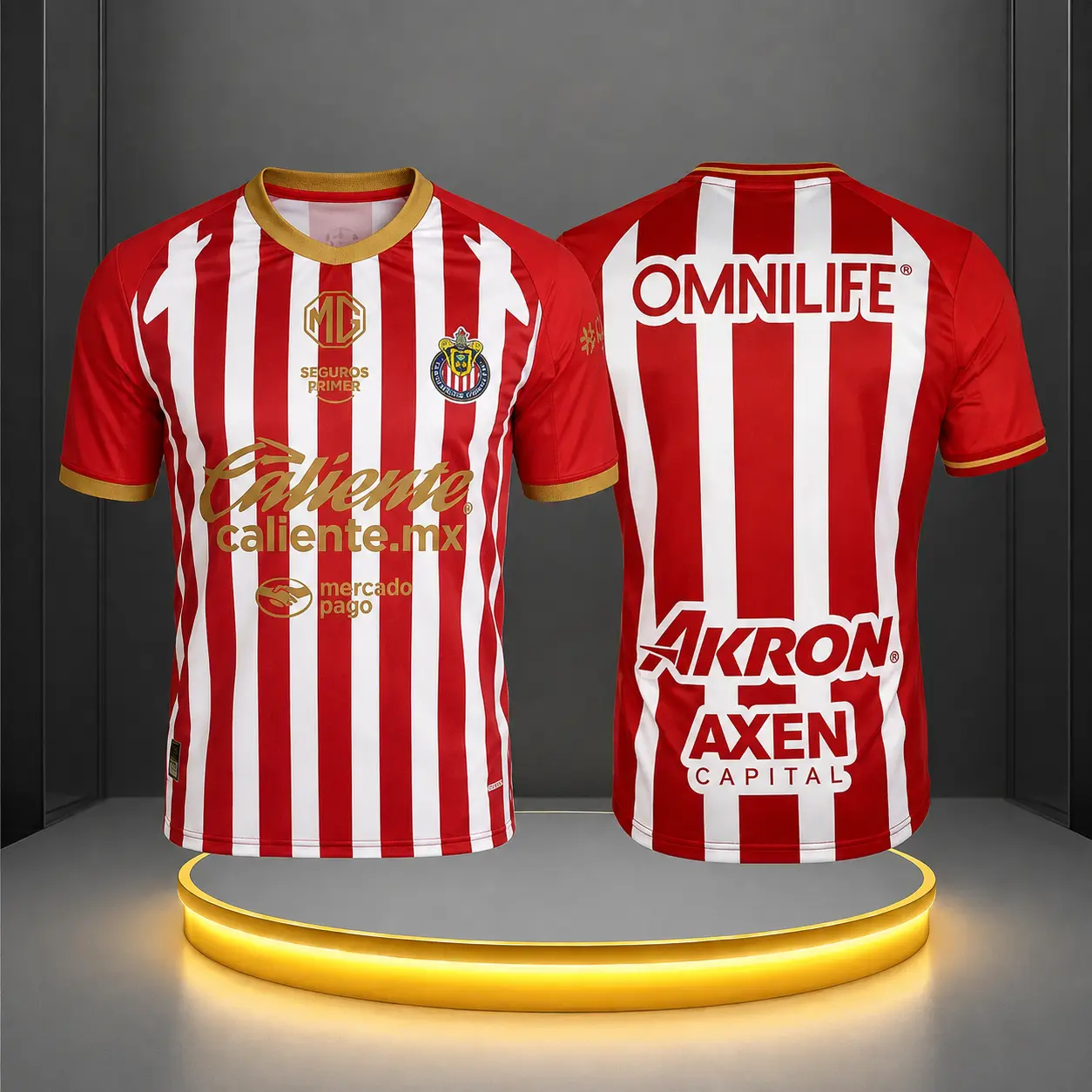 Chivas Soccer Jersey Red & White Striped with Omniflife Akron Axen Capital Sponsorship Official Team Apparel