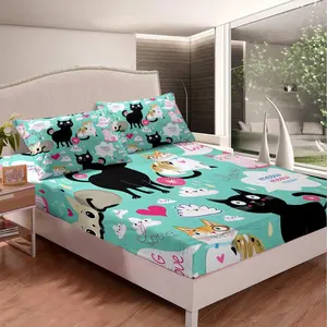 Feelyou Cute Kitten Luxury Fitted Bedsheet Set - Cartoon Cat Microfibre Bedding, Pet Pattern Bed Cover, Comfy Cat Lover's Gift, Bedsheet Sets, Microfibre Material
