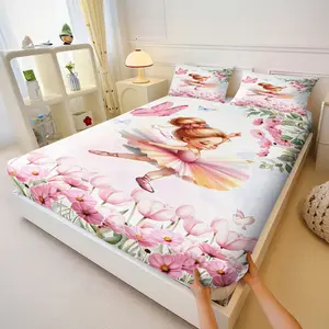 3Pcs Adorable Pink Ballerina Girl Fitted Sheet Set No Fillers, Floral Butterfly Fairy Princess Bed Sheet Set, Sweet Cartoon Kids Bedding Set with Pillowcases, Deep Pocket for Girls Nursery Bedroom All Season
