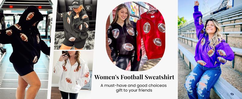 Ommig Women Oversized Game Day Hoodies Long Sleeve Half Zipper Pullover Sequins Football Print Sweatshirt with Kangaroo Pocket