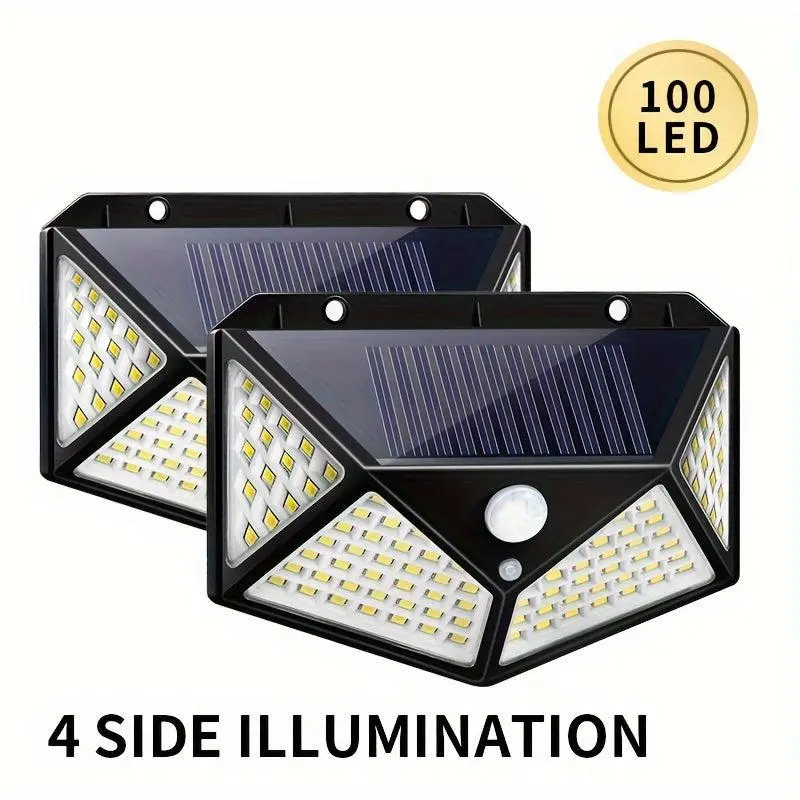 4-Pack Black Solar Motion Sensor Outdoor Wall Lights - 142-LED, 2600 Lumens, 270° Wide Angle, IP65 Waterproof, Wireless, Solar Power, Energy Efficient, Heatproof High-Impact ABS, Outdoor Security Lighting for Front Door, Fence, 4-Side Built-In Leds, Batte