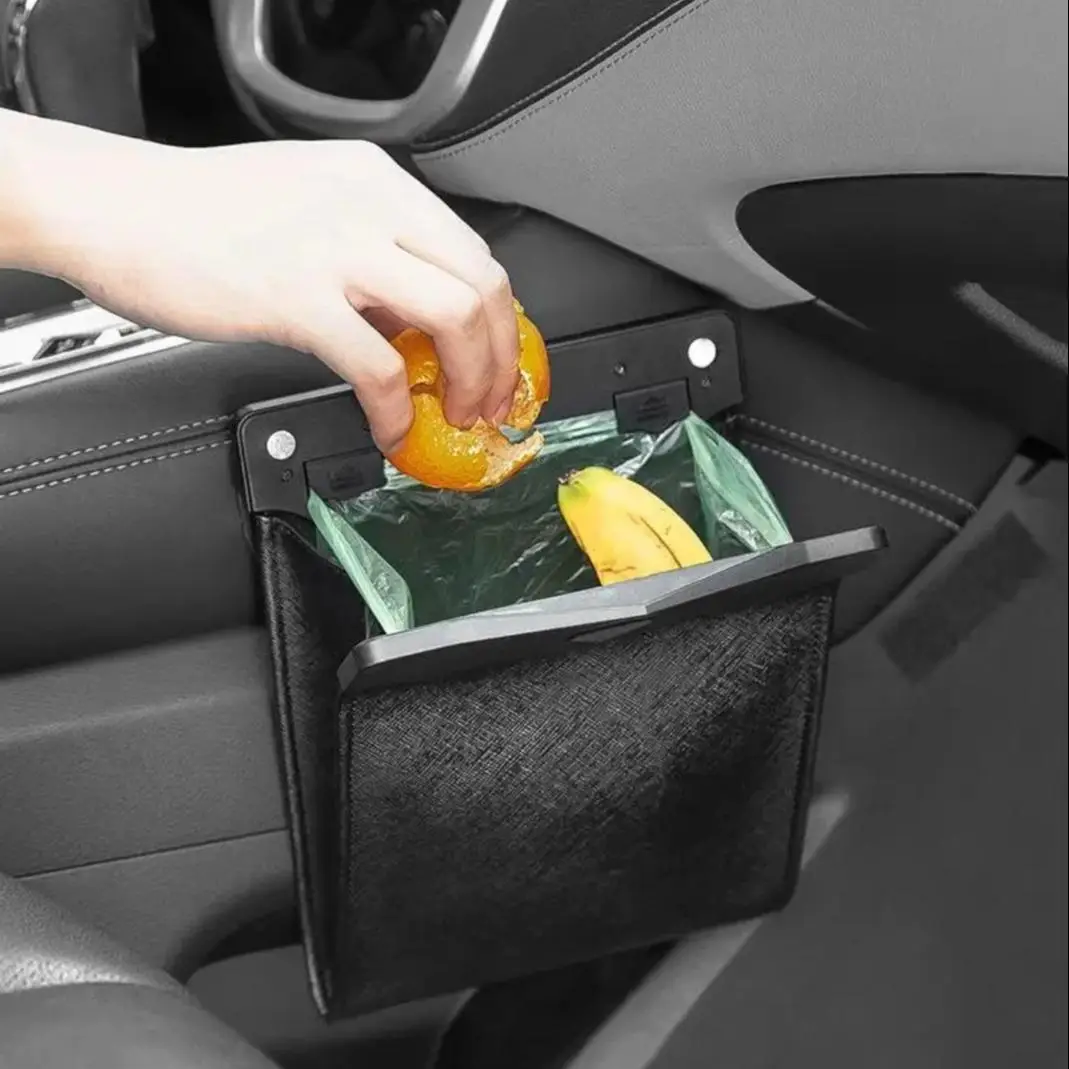 Car Trash Can with LED Light, Waterproof Artificial Leather Storage Bag, Passenger Side Storage Pocket, Leak Proof Reusable Traveling Portable Offices