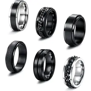 Black men's rotating ring women's stainless steel ring anxiety relief cold chain fashion ring set wedding commitment ring size 7-13