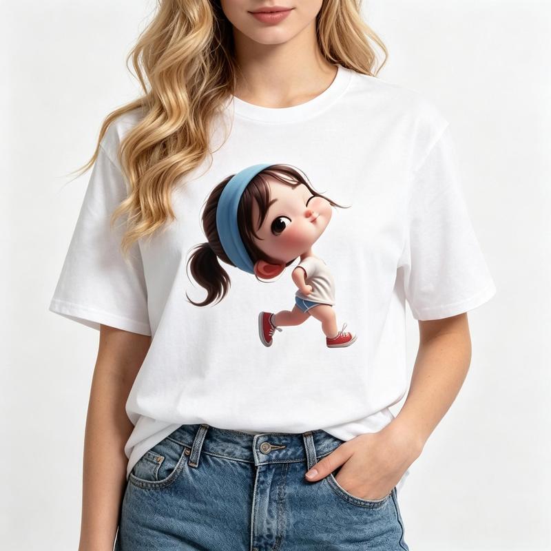 Women's Pure Cotton Crew Neck Graphic T-Shirt - Fitted Cut, Lightweight, Soft, Comfortable, Short Sleeve, Cute Running Girl & Headband Print, Kawaii Casual Streetwear Summer Top