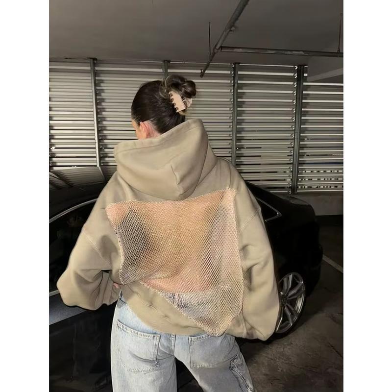 Y2K American Gothic Sexy Hollow Mesh Hoodie for Women - 2026 Translucent Long Sleeve Casual Pullover Sweatshirt