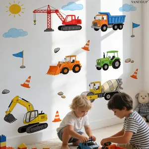 One Piece (30*90cm) Cartoon Engineering Vehicle Wall Sticker, Excavator & Bulldozer Wall Decal for Boys' Room, Home Decor Sticker