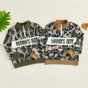 Kids Toddler Baby Little Boy Hunting Camo Sweatshirt Mama's Boy Embroidered Half Zip-up Long Sleeve Tops Fall Winter camouflage Clothes