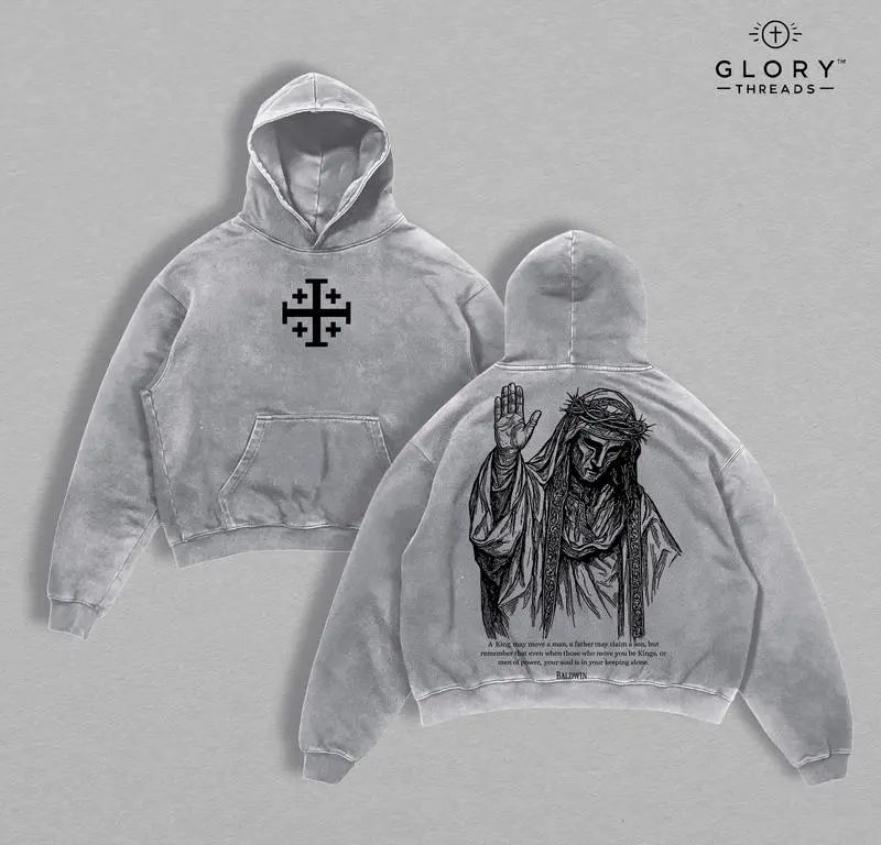Baldwin IV The Leper King Hoodie Washed, Crusader King of Jerusalem Hoodie Tee, Jerusalem Cross Medieval Christian Shirt, Vintage Washed Gothic Faith Streetwear - Jesus Apparel - Christian Outfit