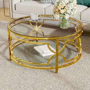 Round Glass Coffee Tables for Living Room, 2-Tier Circle Tea Table with Gold Finish & Lower Shelf, 30.7" Modern Center Table for Small Space, Bedroom