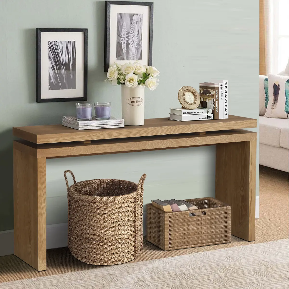 60'' Antique Brown Farmhouse Console Table - Retro Wooden Entryway Table with Double Board Suspension Design, Solid Wood & MDF, Sofa Table for Living Room