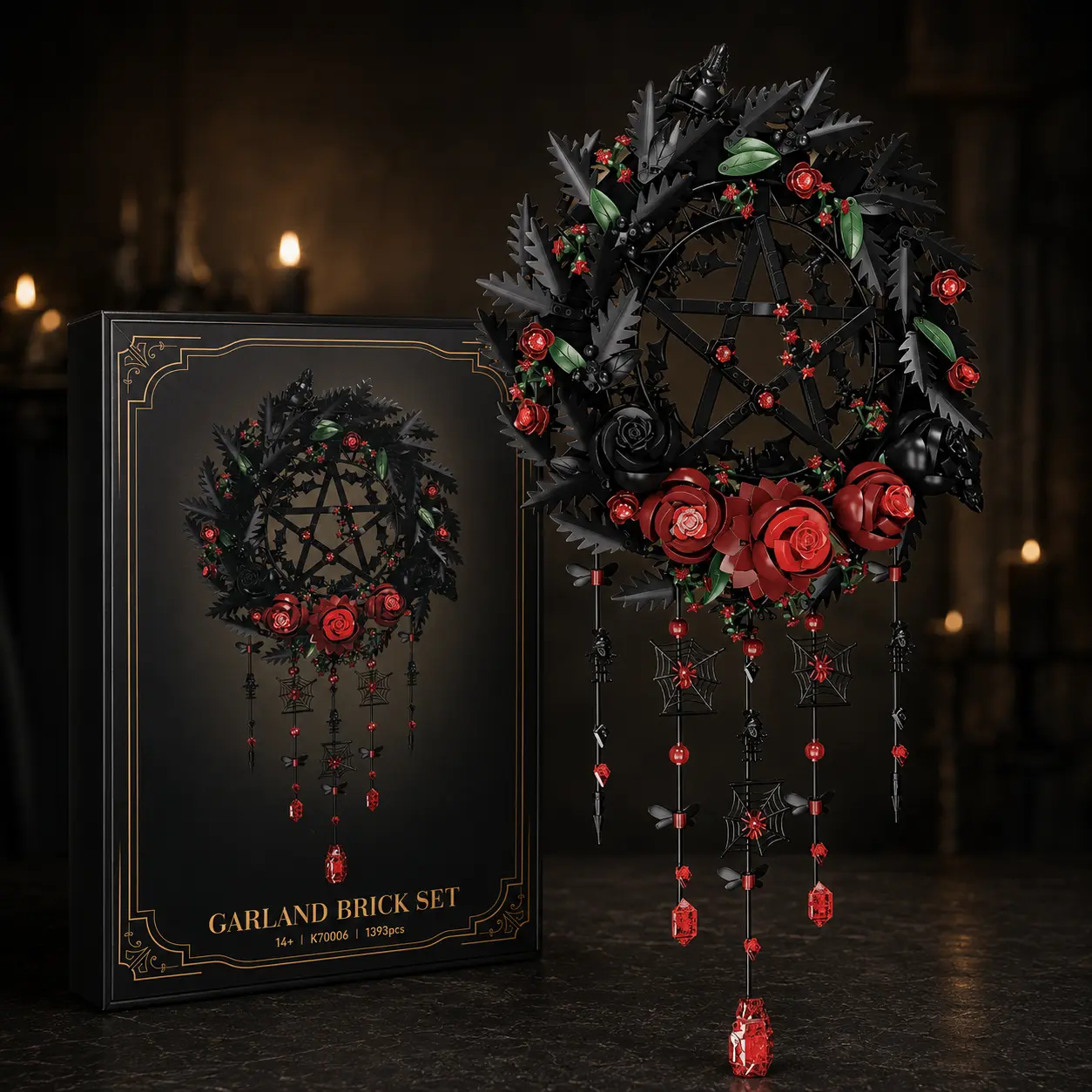 Gothic Rose Wreath Building Block Set - 1393PCS with Raven, Spider Web Garland, DIY Model Kit for Adults, Whimsigoth Dark Academia Wall Decor, Halloween Collectible Gift