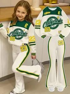 Girls' Sporty Appeal Round Neck Sweatshirt Set, Number 23 Print, Fitted Long Pants, Casual Spring & Fall, Active Girls, Perfect Gift for Girls