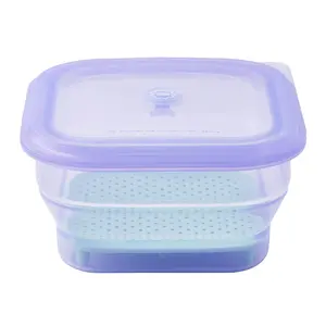 PushLock Collapsible Food Storage Container&Smart Cooking Steam Tray, Space-Saving, Platinum Silicone, Microwave&Freezer&Dishwasher Safe, for Cooking&Leftovers, BPA-Free, 60oz per Unit (PURPLE&MINT)