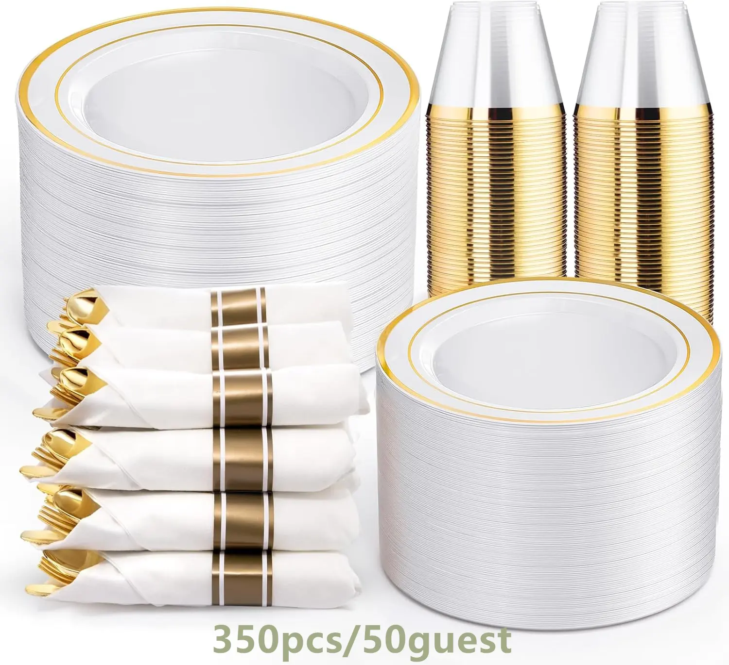 350-Piece Gold Disposable Plates and Cutlery Set - Premium 10.25" Dinner Plates, 7.5" Dessert Plates, 9oz Cups & Cutlery for Weddings, Thanksgiving Catering Events - 50 Guest Service - Elegant & Sturdy, Party Supplies, 350Gold