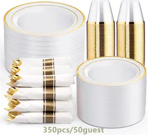 350-Piece Gold Disposable Plates and Cutlery Set - Premium 10.25" Dinner Plates, 7.5" Dessert Plates, 9oz Cups & Cutlery for Weddings, Catering Events - 50 Guest Service - Elegant & Sturdy