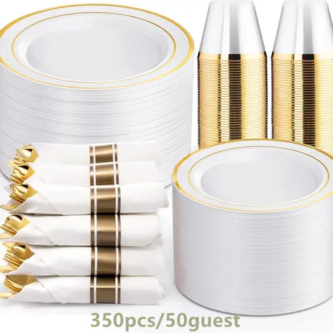 350-Piece Gold Disposable Plates and Cutlery Set - Premium 10.25" Dinner Plates, 7.5" Dessert Plates, 9oz Cups & Cutlery for Weddings, Thanksgiving Catering Events - 50 Guest Service - Elegant & Sturdy, Party Supplies, 350Gold
