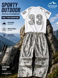 Sporty Casual Two-Piece Set, Digital Print Short Sleeve T-Shirt and Camouflage Wide-Leg Pants, Outdoor Wear Ensemble