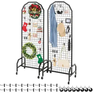 VEVOR 2 Packs Grid Wall Panels, 1.9x 5.4 ft Wire Grid Panels Display Rack, Movable Art Display Shelf with Wheels and 20 Hooks, Black Carbon Steel Gridwall for Craft Show, Decor, Storage, Notice Board