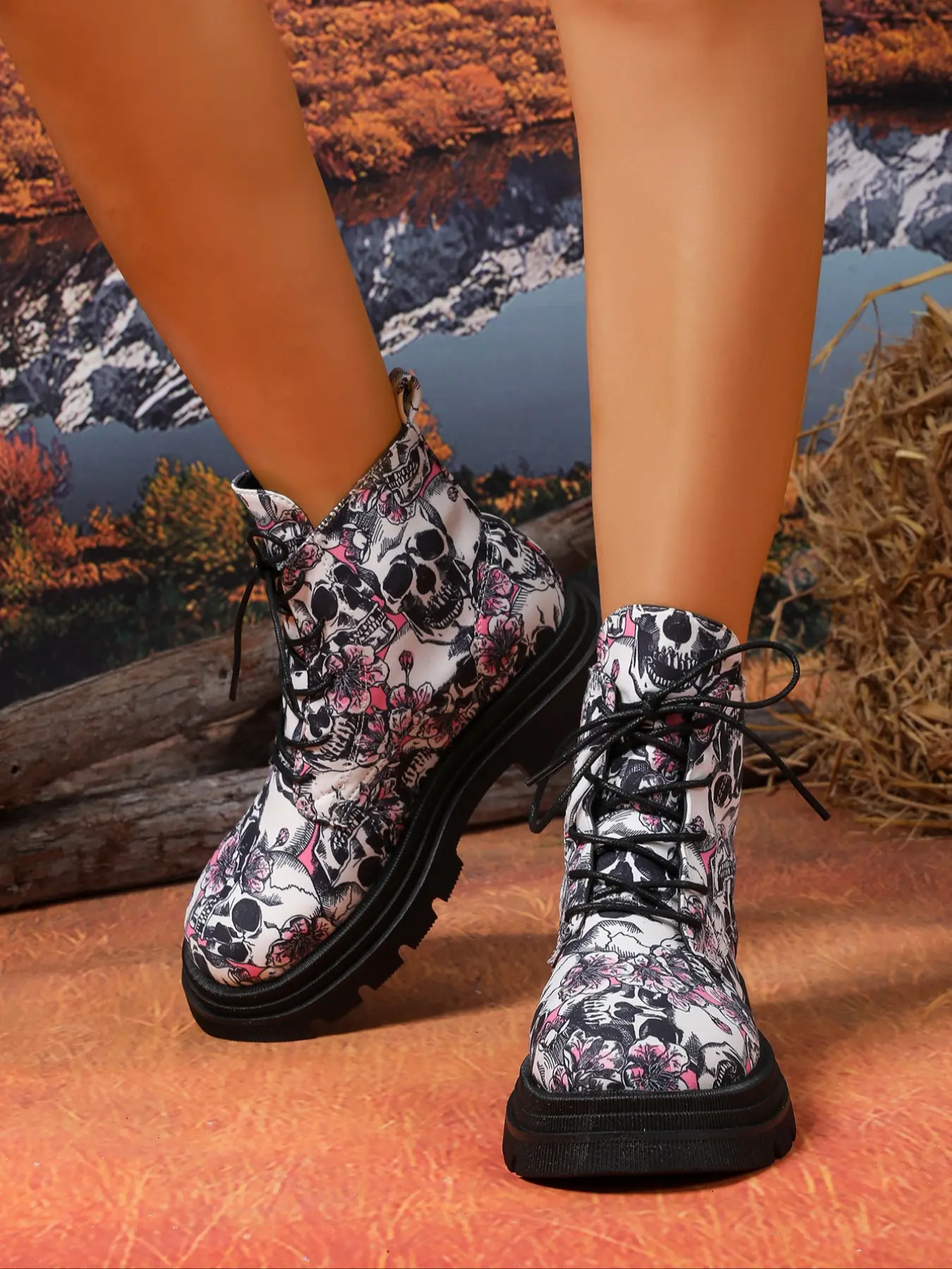 Halloween Women's Non-Slip Short Boots, Pumpkin Ghost Pattern, Round Toe, Easy Lace-Up Closure, All Seasons Footwear