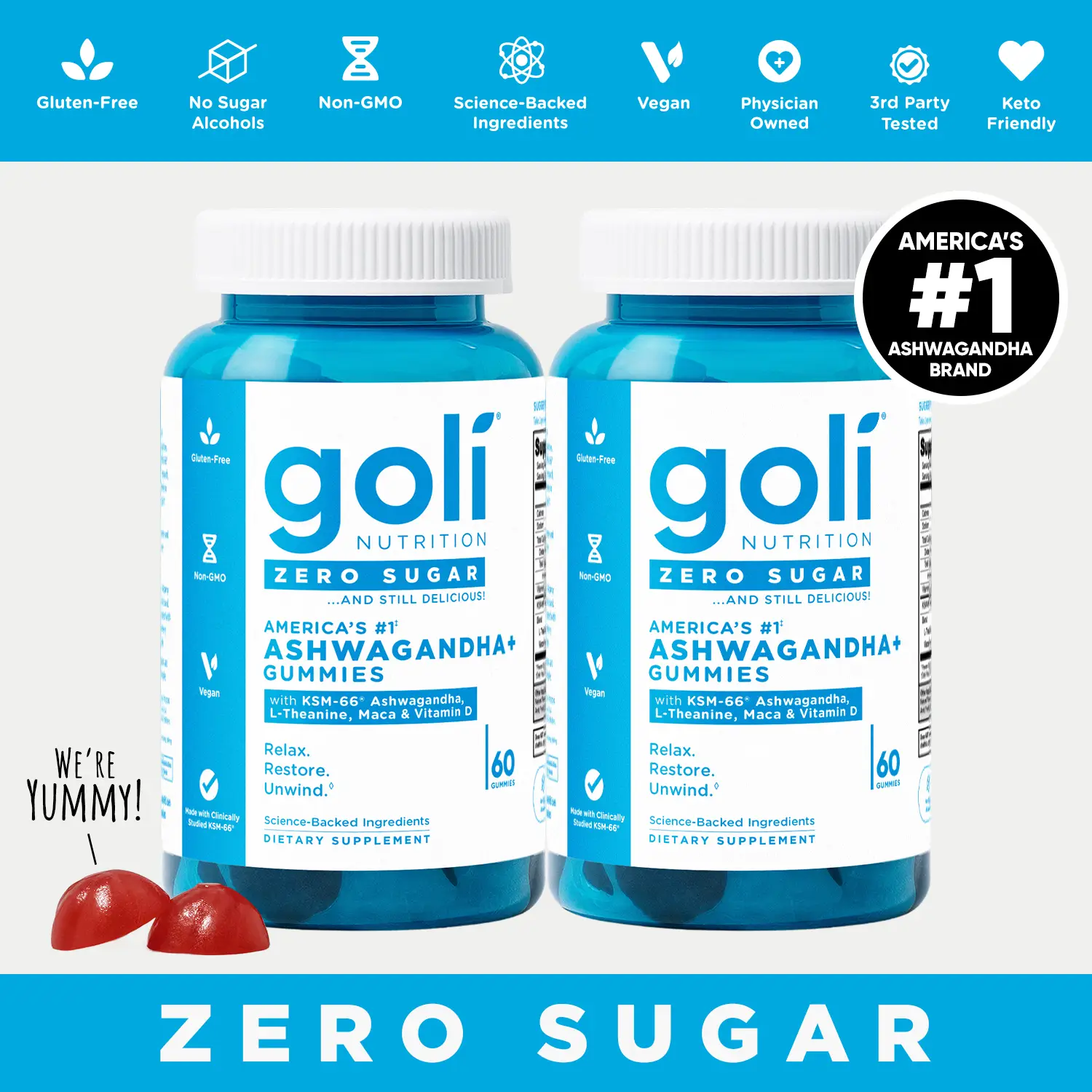 2 Bottles of Goli Zero Sugar Ashwagandha & L-Theanine, Vitamin D & Maca Gummies...