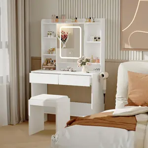 Vanity Desk with Mirror and 3 Lights Modes, Makeup Table Set with Hidden Storage Shelves, USB Outlets, Dressing Table with Hairdryer Holder