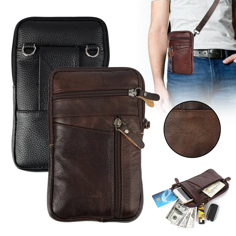 Dazone Men's PU Leather Small Crossbody Bag Cellphone Belt Pouch Bag Travel Passport Wallet Shoulder Holster Xmax Gift