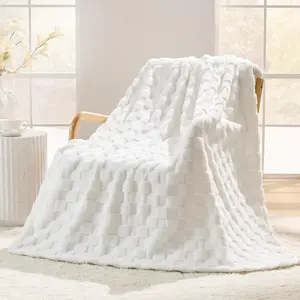 White Textured Checkered Throw Blanket, 330GSM Soft Plush Fleece Blanket for Couch Sofa Bed, Cozy Decorative Giftable Home Blanket,50x60 Inches
