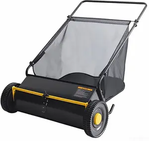 GAOMON 26 Inch Push Lawn Sweeper, Leaf and Grass Collector with 7 Cu.ft Mesh Bag, 4 Spinning PP Brushes, Durable Steel Construction, Adjustable Height & Rubber Tires for Yard Cleanup-Black+Yellow